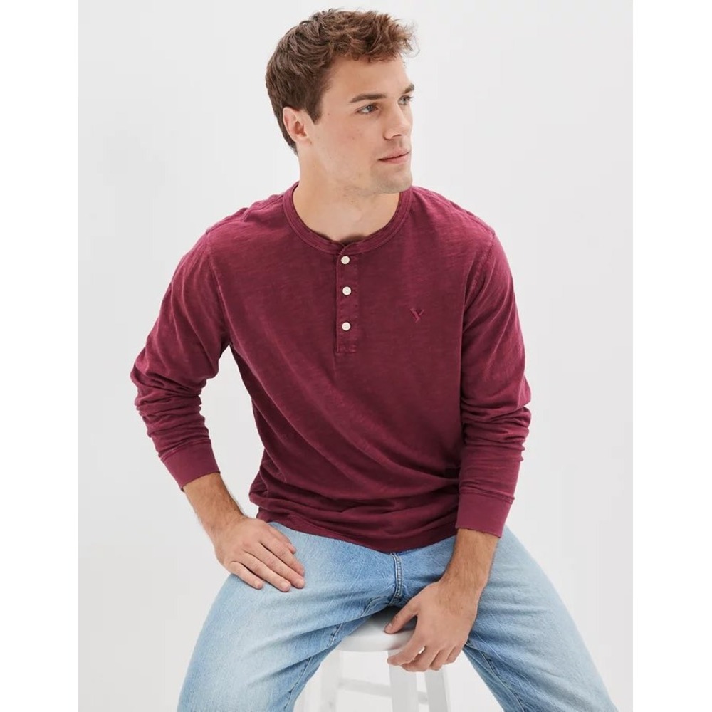 American Eagle Mens Slub Cotton Long Sleeve Henley Shirt Burgundy Layering  Fall
